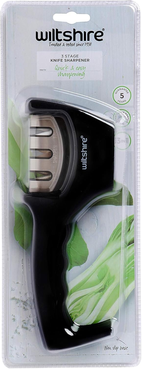 Wiltshire 3 Stage Knife Sharpener â€“ Manual Sharpener with Soft Touch Handle & Non-Slip Base, Black & Silver, Easy Alternative to Sharpening Stone or Whetstone