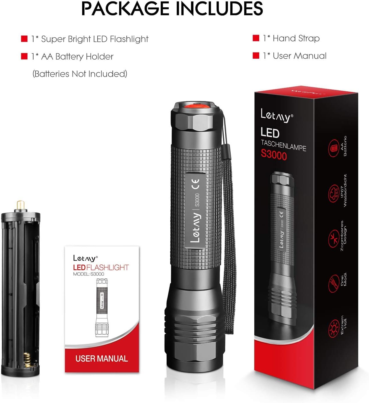 LETMY LED Flashlight, Brightest Tactical Flashlight, High Lumen Waterproof Flashlights with 3 Modes, Adjustable Mini Flashlight, Small Flashlight for Outdoor Camping Walking Emergency