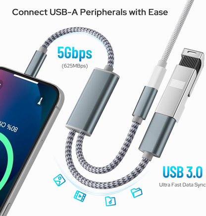 Basesailor USB C OTG Cable Adapter with Power Supply,Type C to 100W PD Charging and USB 3.0 Splitter Charger,Thunderbolt 3 for iPhone 15 Plus Pro Max,MacBook,iPad Air 4 5 2024,Samsung Galaxy S24 S23