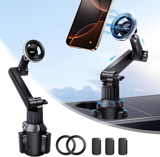 For MagSafe Cup Phone Holder: Magnetic Cupholder Car Mount Compatible with Tesla Truck Vehicle SUV - 360° Adjustable Long Neck Mag Safe Cell Phone Cradle with Expandable Base for iphone Samsung Google