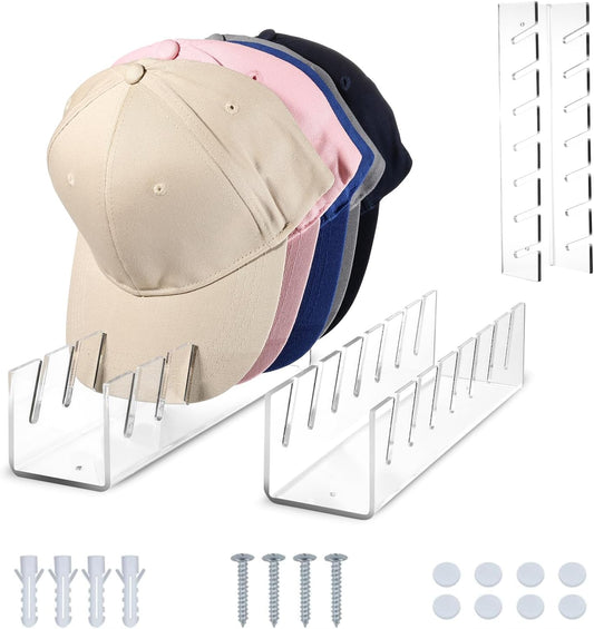 Hat Organizer for Baseball Caps, 2 Pcs Acrylic Hat Rack, Hat Holder for 14 Cowboy Caps, hat storage for Bedroom, Closet, Dresser and Wall - Gift | Storage and Organization | Home Decor