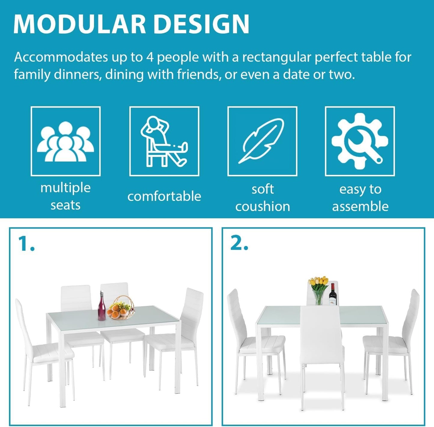 Dining Table Set 5-Piece, Glass Tabletop Kitchen Table & Chair Set,for Dining Room, Ideal for Kitchen, and Breakroom, 4 Faux Leather Metal Frame Chairs Sleek and Stylish Design,White