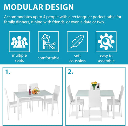 Dining Table Set 5-Piece, Glass Tabletop Kitchen Table & Chair Set,for Dining Room, Ideal for Kitchen, and Breakroom, 4 Faux Leather Metal Frame Chairs Sleek and Stylish Design,White