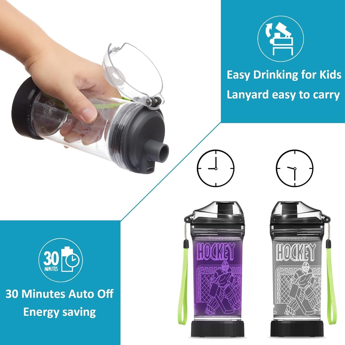 Hockey Water Bottle for Kids, Attivolife Light up 3D Travel Cup with 14 OZ Tritan BPA Free Eco-Friendly - Timer Function, Cool Drinking Cups Gifts for Hockey Player Boy School Sports Camping Picnic