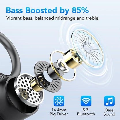Wireless Earbuds, Bluetooth 5.3 Headphones with Earhook, 72Hrs Playtime, Deep Bass, 4 ENC Noise Cancelling Mic, IP7 Waterproof, LED Display, Over Ear Buds for Workout, Travel, Black