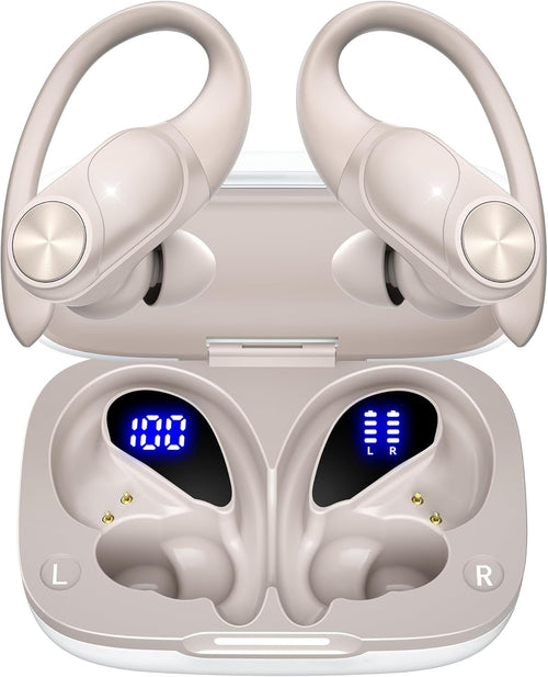 Ear Buds 80hrs Playtime Wireless Earbuds Bluetooth Headphones Wireless Charging Digital Display Sports Earbuds with Earhook Deep Bass IPX7 Waterproof Over-Ear Earphones for TV Phone Laptop Pearl Gray