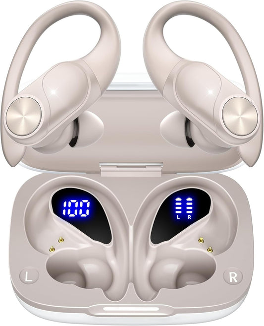 Ear Buds 80hrs Playtime Wireless Earbuds Bluetooth Headphones Wireless Charging Digital Display Sports Earbuds with Earhook Deep Bass IPX7 Waterproof Over-Ear Earphones for TV Phone Laptop Pearl Gray