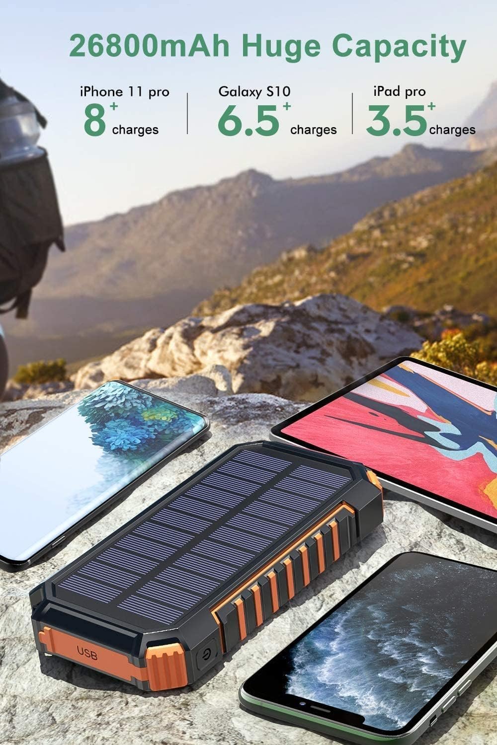 A ADDTOP Solar Charger Power Bank 26800mAh, Wireless Portable Charger Fast Charging QC 3.0 External Battery with 4 Outputs & Flashlight Phone Chargers for Phone, Tablet and Camping Outdoor