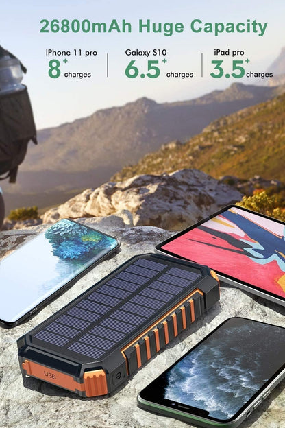 A ADDTOP Solar Charger Power Bank 26800mAh, Wireless Portable Charger Fast Charging QC 3.0 External Battery with 4 Outputs & Flashlight Phone Chargers for Phone, Tablet and Camping Outdoor