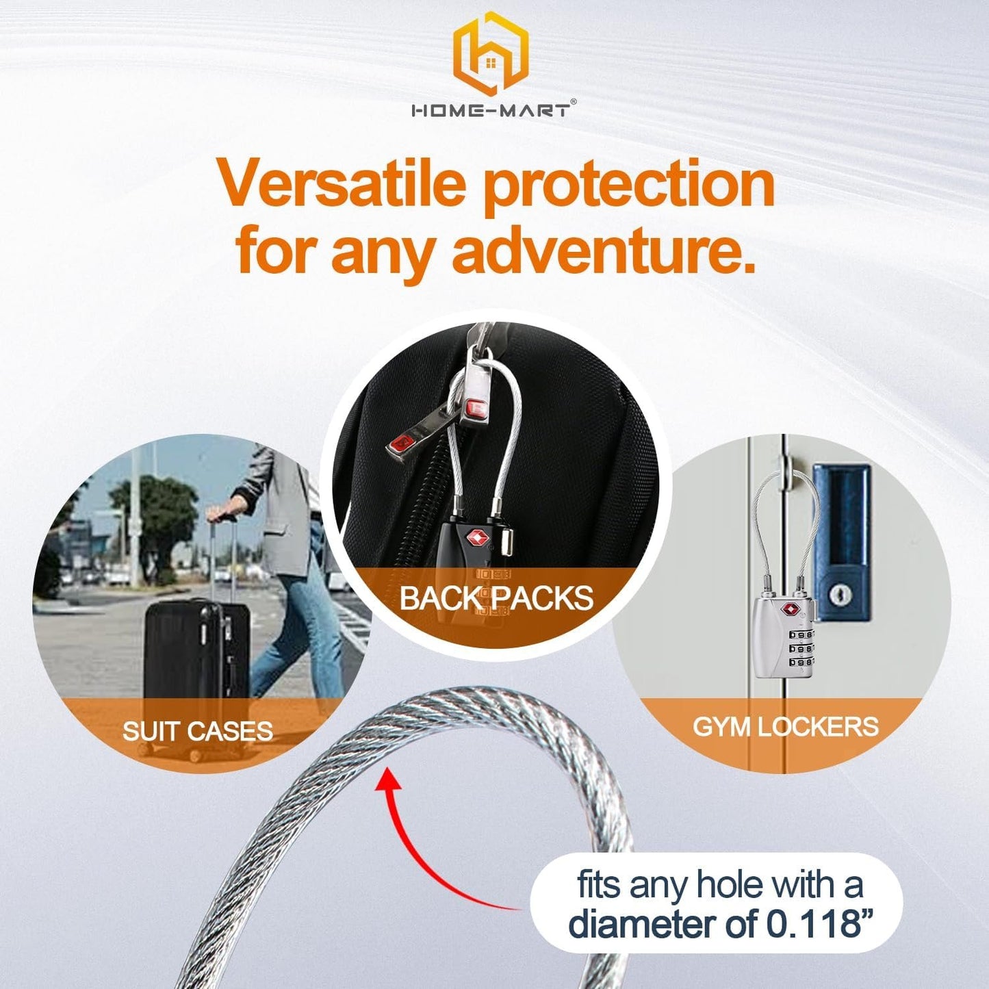 H HOME-MART TSA Approved Cable Luggage Locks,3-Digit Re-settable,Easy to Read Combination Padlock,Suitcase Lock,Alloy Body with Flexible Braided Steel, Security Travel Locks for Travel Bag