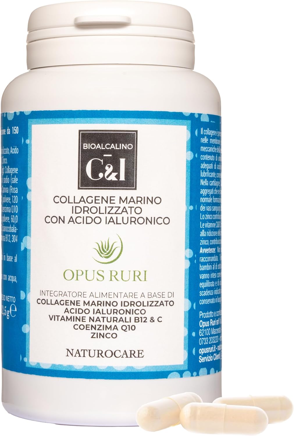 OPUS RURI Marine Collagen with Hydrolyzed Hyaluronic Acid with Vitamin C, B12, Coenzyme Q10-150 Capsules 450 mg – Food Supplement for Skin, Joints, Hair and Nails – Made in Italy