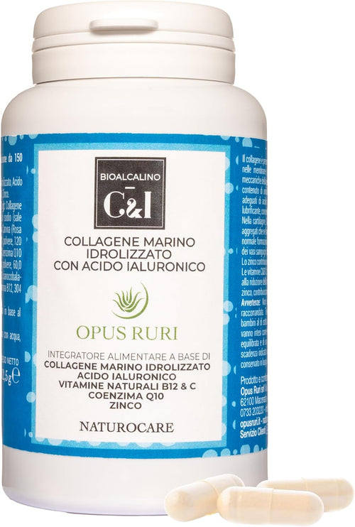 OPUS RURI Marine Collagen with Hydrolyzed Hyaluronic Acid with Vitamin C, B12, Coenzyme Q10-150 Capsules 450 mg – Food Supplement for Skin, Joints, Hair and Nails – Made in Italy