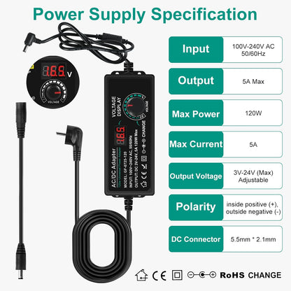 Comius Sharp Universal Power Supply, 3V-24V 5A 120W Adjustable Power Adapter, AC/DC 100V-240V Universal Adapter with 14 Tips and Polarity Converter, for Home Electronics