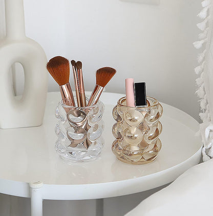 Pen Pencil Container Multi-Purpose Bubble Design Glassware Comb Makeup Brush Holder Office Desk Accessories Storage Cosmetic Tools Organizer Cup (Amber)