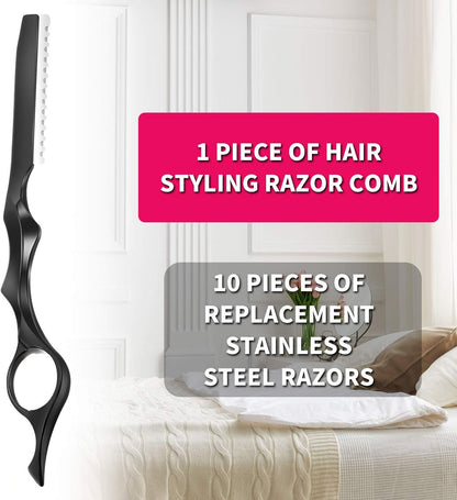 11 Pieces Hair Razor Comb Style for Thinning Hair Texturizing Hair Cutting Comb Razor with Replacement Steel Shavers for Salon Home Use