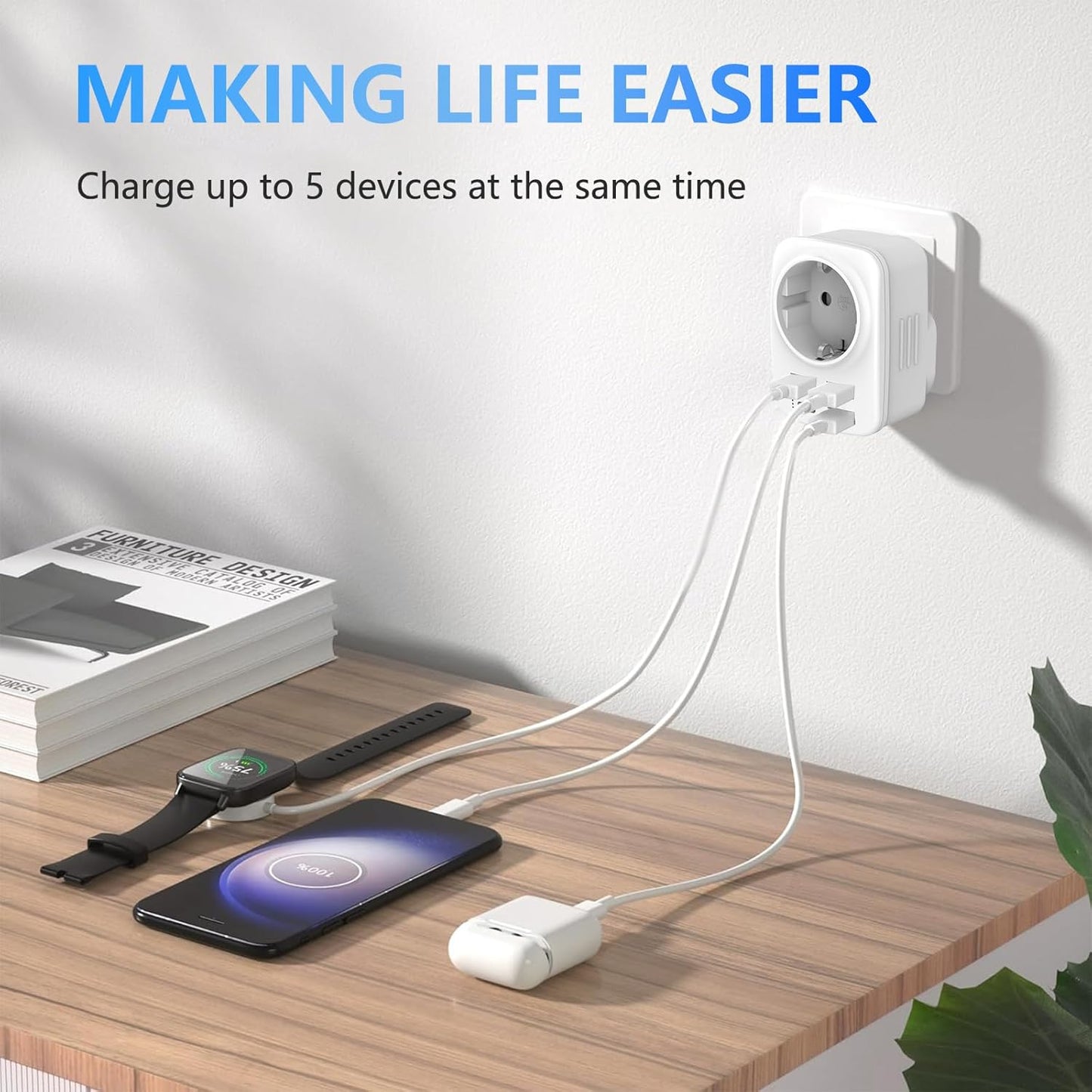 5 in 1 UK Plug Adapters, Clomnpe 2x UK Travel Adapter with 4 USB Ports, UK Italian Plug to Type G Sockets, UK Ireland, Dubai, Maldives, Malaysia, Hong Kong