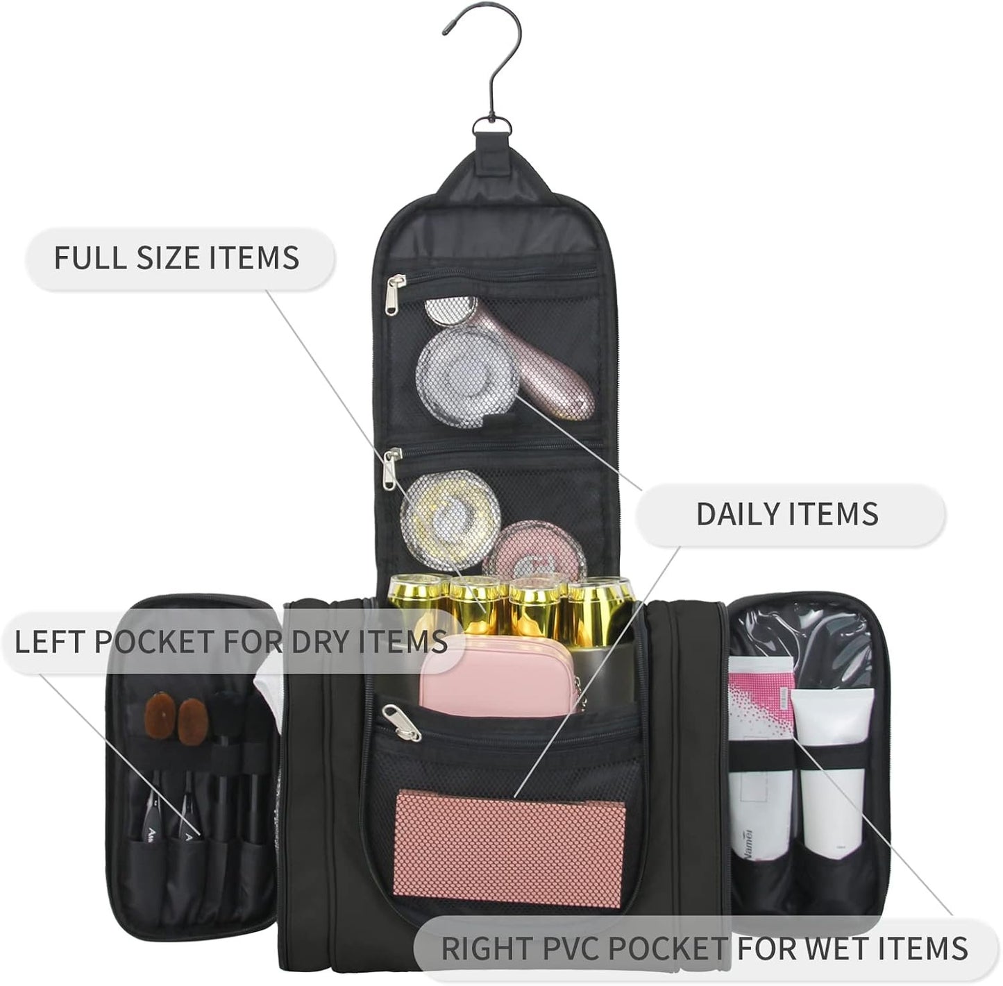 Extra Large Hanging Toiletry Bag for Women and Men, Extra Large Travel Cosmetics Bag, Portable Organizer Bathroom Shower for Hygiene Bag/Toiletries/ Makeup, Black, Hanging Toiletry Bag