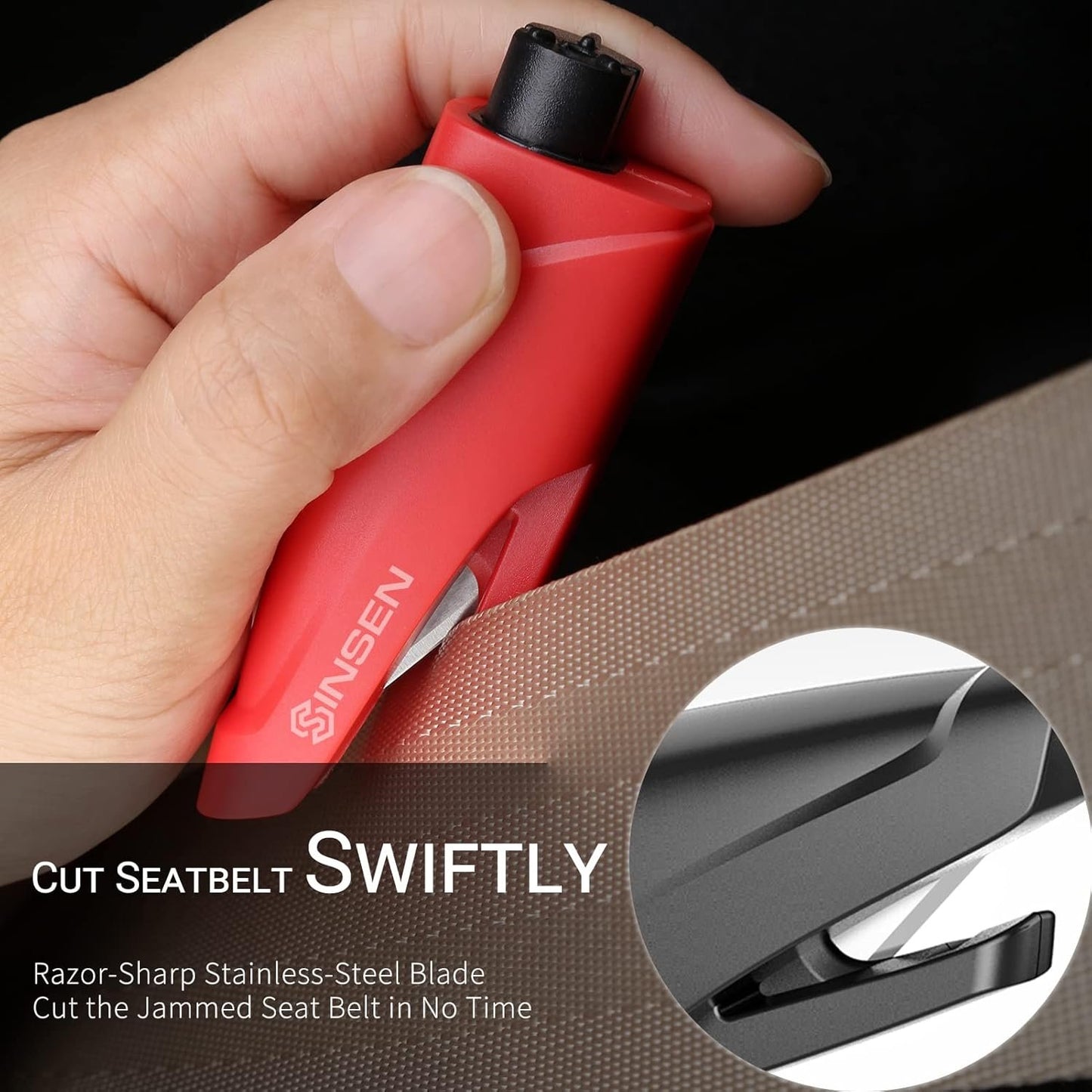 SINSEN Window Breaker Seatbelt Cutter, Car Emergency Safety Keychain, Seat Belt Escape Tool and Glass Hammer, Spring-Loaded for Land and Underwater, 2PCS, Red