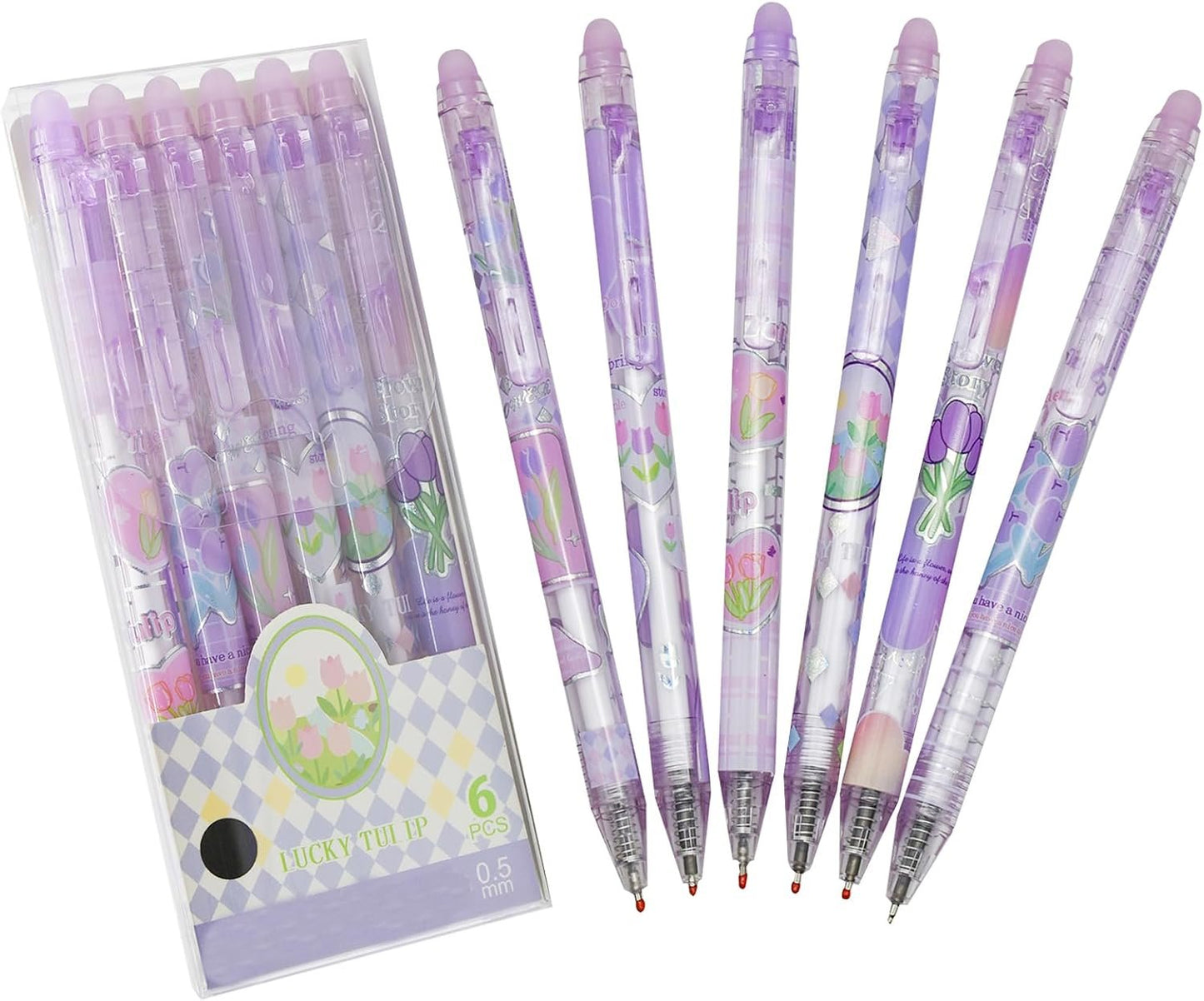 Maydahui 12PCS Erasable Cute Bling Tulip Gel Pens Retractable Romantic Purple Tulip Flower Print Pens Black Ink For Girls Women Home School Office Stationery Store