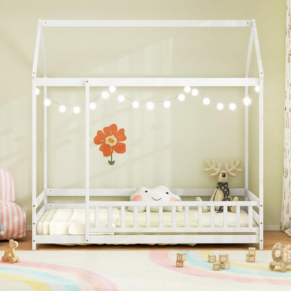 IFANNY Twin Floor Bed, Wooden House Bed with Safety Fence and Roof, Wood Twin Size Platform Playhouse, Low Montessori Bed Frame for Kids, Boys, Girls (White)