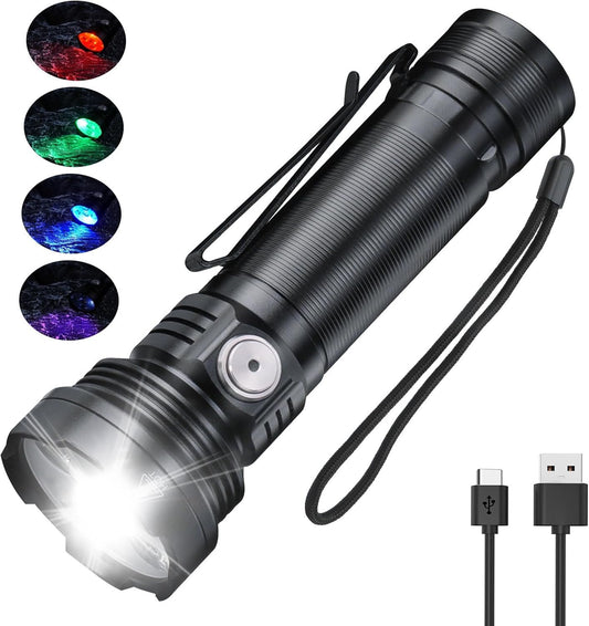 NGOKPYD ET28 Small Multicolor Tactical Flashlight with 365 nm UV Black Light White Red Blue Green,2000 Lumens IP67 Waterproof 2000 mAh, Mini RGB Colored Flashlights Multi-Color Changing Flash Light