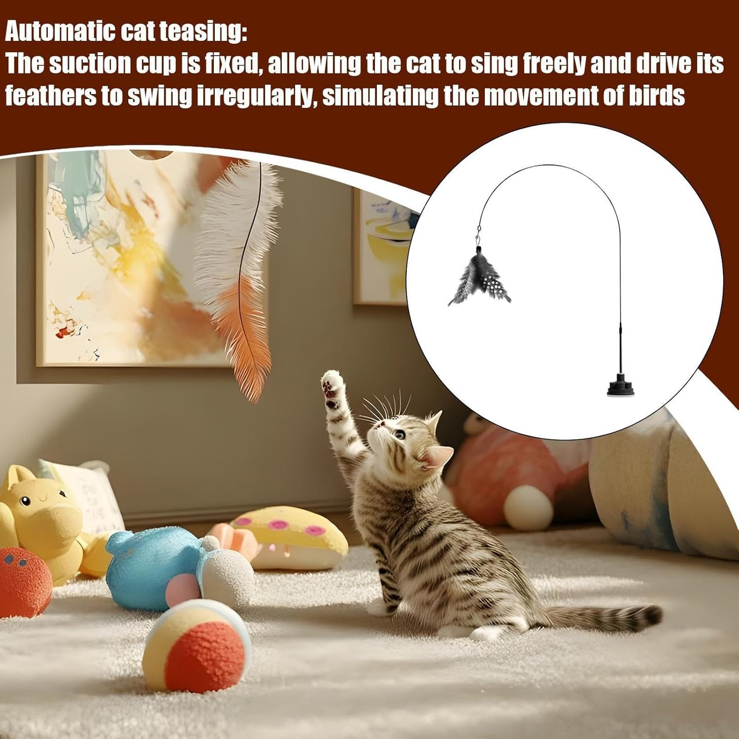 mivceklw Cat Teaser Wand with Bell, Indestructible Interactive Stick Toy, Suction Cup for Play, Kitten Toy for Boredom, Engaging Pet Supplies for Active Cats, 39.37 Inches