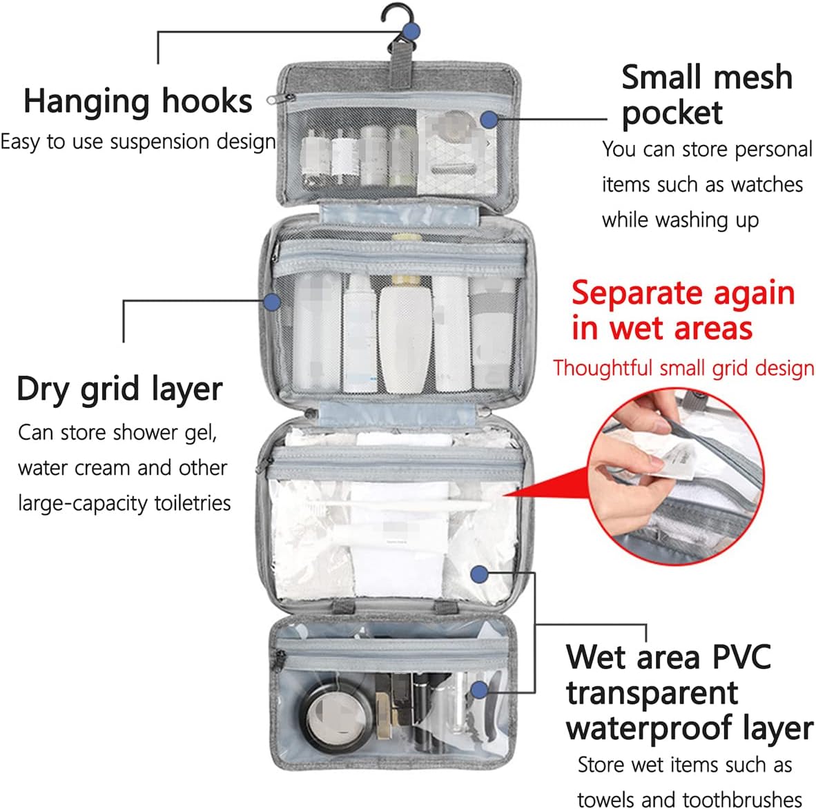 Hanging Toiletry Bag, Waterproof Wash Bag for Makeup Large Capacity Travel Makeup Bag Compact with Hook, Portable Makeup Traveling Organizer for Women Outdoor Camping Travel (1, Grey)