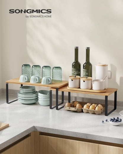 SONGMICS Cabinet Organizer Shelf, Set of 4 Kitchen Counter Shelves, Kitchen Storage, Spice Rack, Stackable, Expandable, Metal and Engineered Wood, Ink Black and Natural Beige UKCS210B01