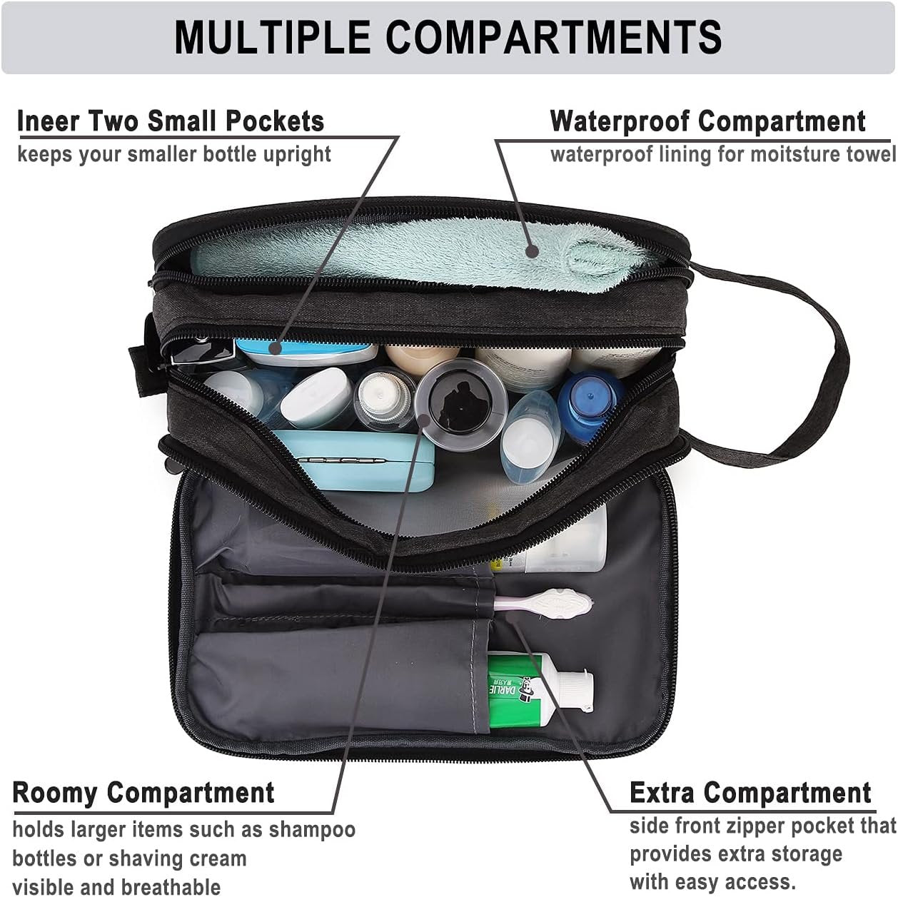 Mens Toiletry Bag,RAVUO Water Resistant Travel Toiletry Organizer Dopp Kit Shaving Bag for Toiletries Accessories (Black)