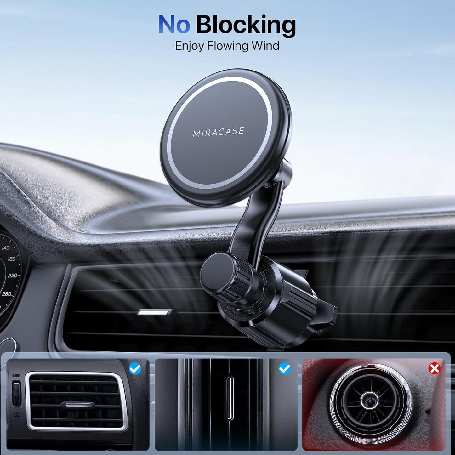 Miracase for MagSafe Car Mount, [Upgraded 20 Magnets] Super Stable Magnetic Phone Holder car, [360°Rotating] Extended Arm Car Phone Holder Compatible with iPhone 16 pro max 15 14 13 12 MagSafe Case