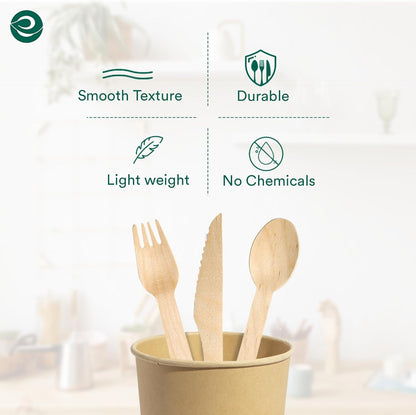 ECO SOUL 100% Compostable Cutlery [700-Pack] Disposable Wooden Cutlery Set I 100% Natural, Sturdy, Eco-friendly, Utensils Set I Biodegradable (300 Fork,200 Spoon, 200 Knife)