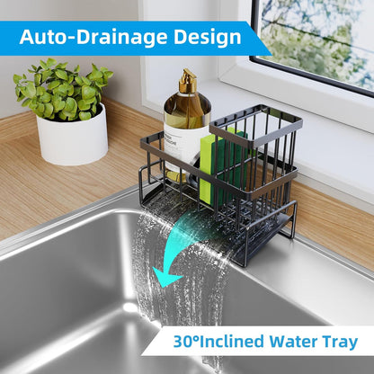 Sponge Holder for Kitchen Sink - Rustproof Sink Caddy with Brush Holder, Kitchen Sink Organizers and Storage Dish Soap Dispenser Home Essentials Organization Accessories (Black, With Brush Holder)