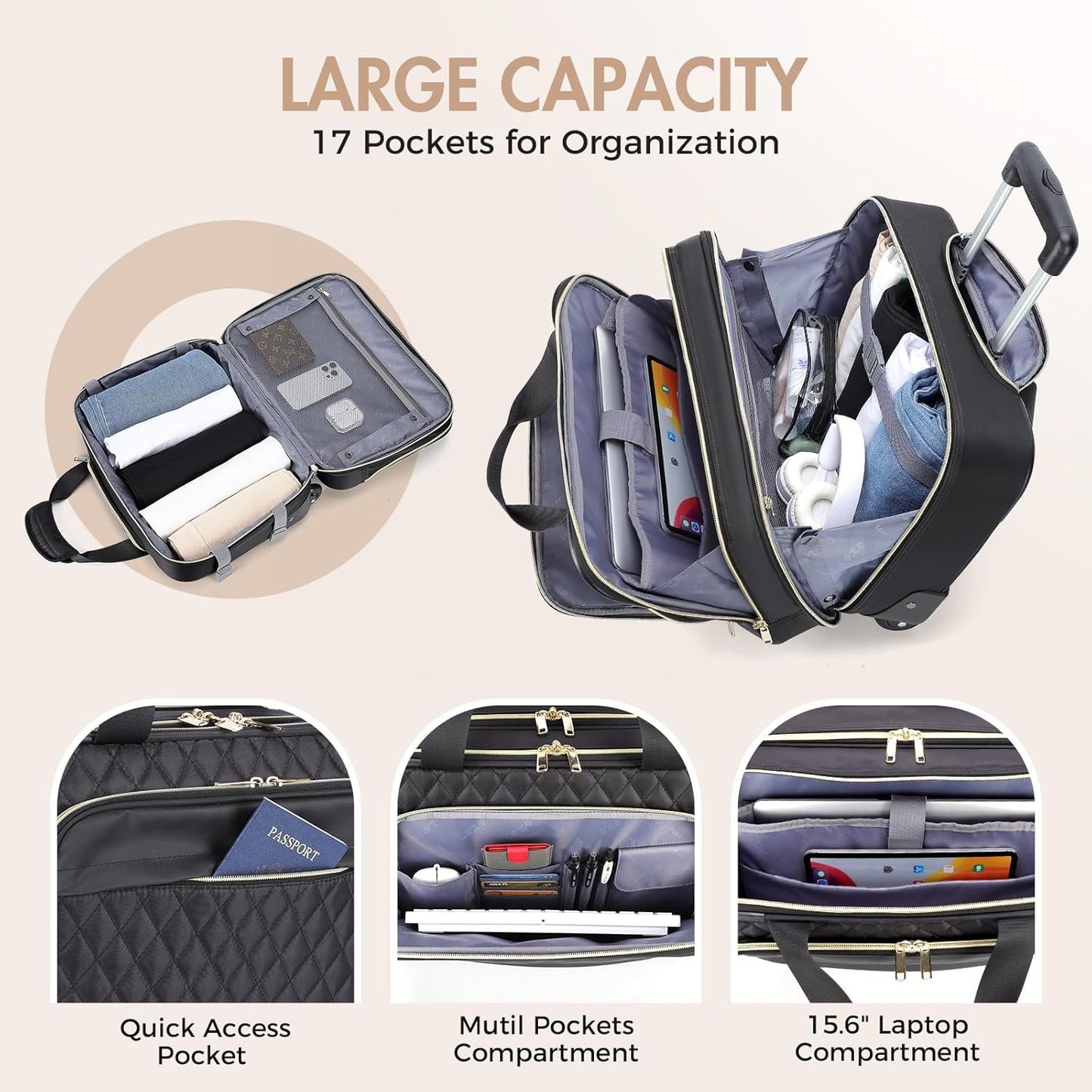 Ponhog Rolling Laptop Bag with Wheels for Women - Rolling Briefcase 15.6 Inch Laptop Bag Flight Approved Trolley Bag Carry On Luggage for Work Travel College Computer Business Lightweight Black