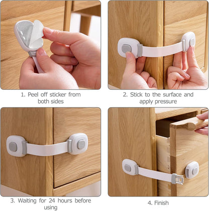 BillyBath Child Safety Latches, 6 Pieces, Cupboard Fridge Toilet Drawer Lock, No Drilling Needed, Grey
