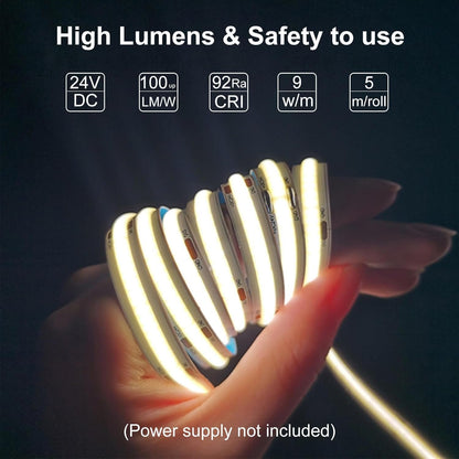 LLTOP COB LED Strip Lights Warm White 3000K, DC24v 16.4ft/5m High CRI 92Ra+ Flexible LED Tape Lighting DIY Cuttable for Bedroom Kitchen Cabinet Shelf (Power Supply&Dimmer Not Included)