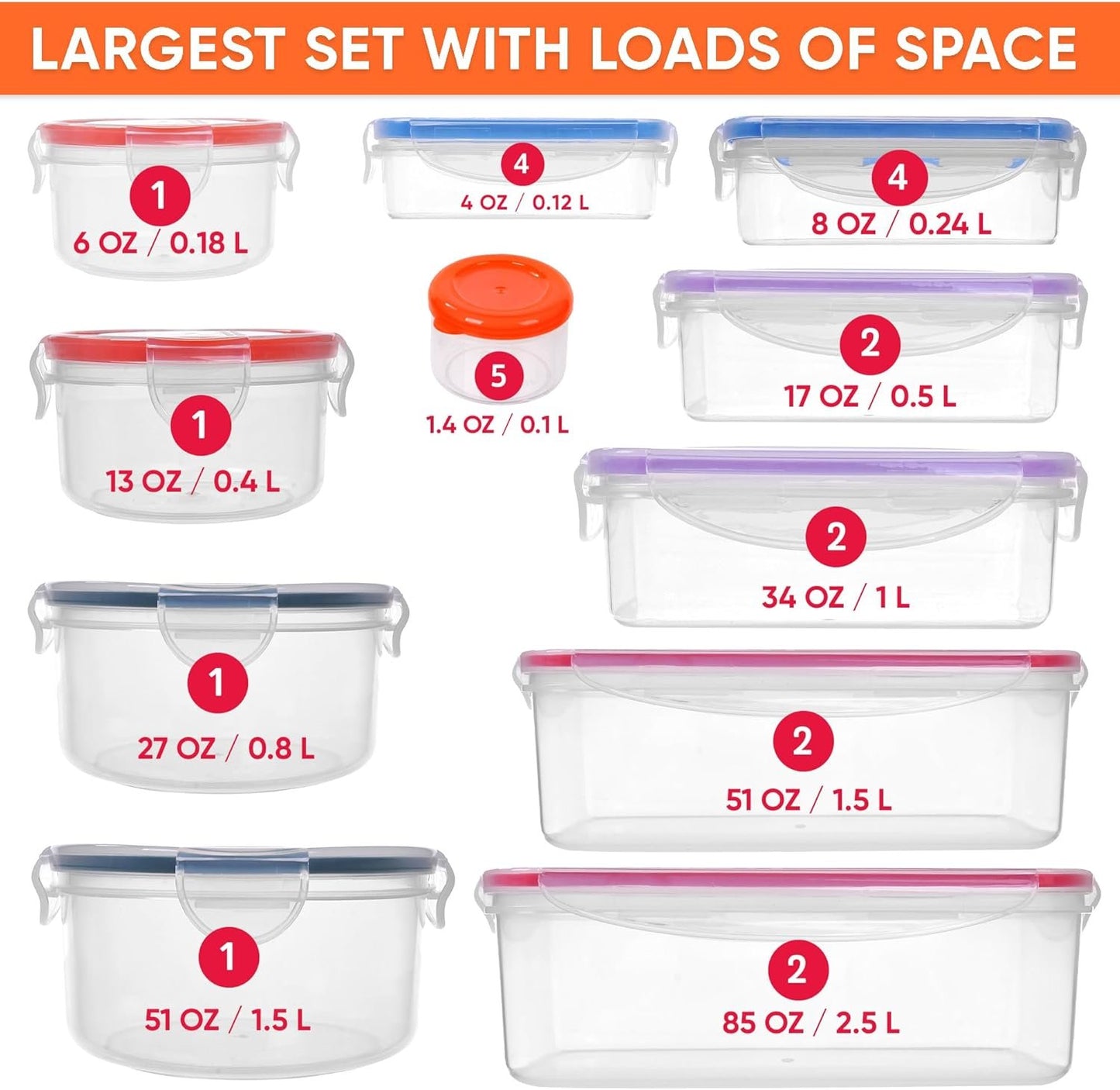 50 Pcs Large Food Storage Containers with Lids Airtight- 2500ML to Sauces Box-Total15.5L Stackable Kitchen Bowls Set Meal Prep Containers-BPA Free Leak proof Plastic Lunch Boxes-Freezer Microwave safe