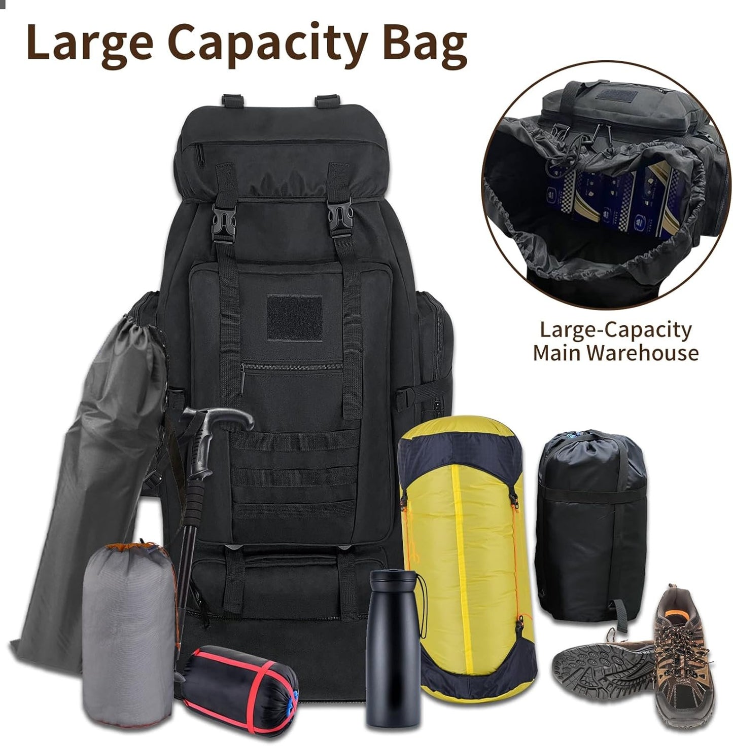 Vaupan Hiking Backpack, 100L Large Camping Backpack, Expandable Waterproof Molle Rucksack, Outdoor Daypack for Men Women