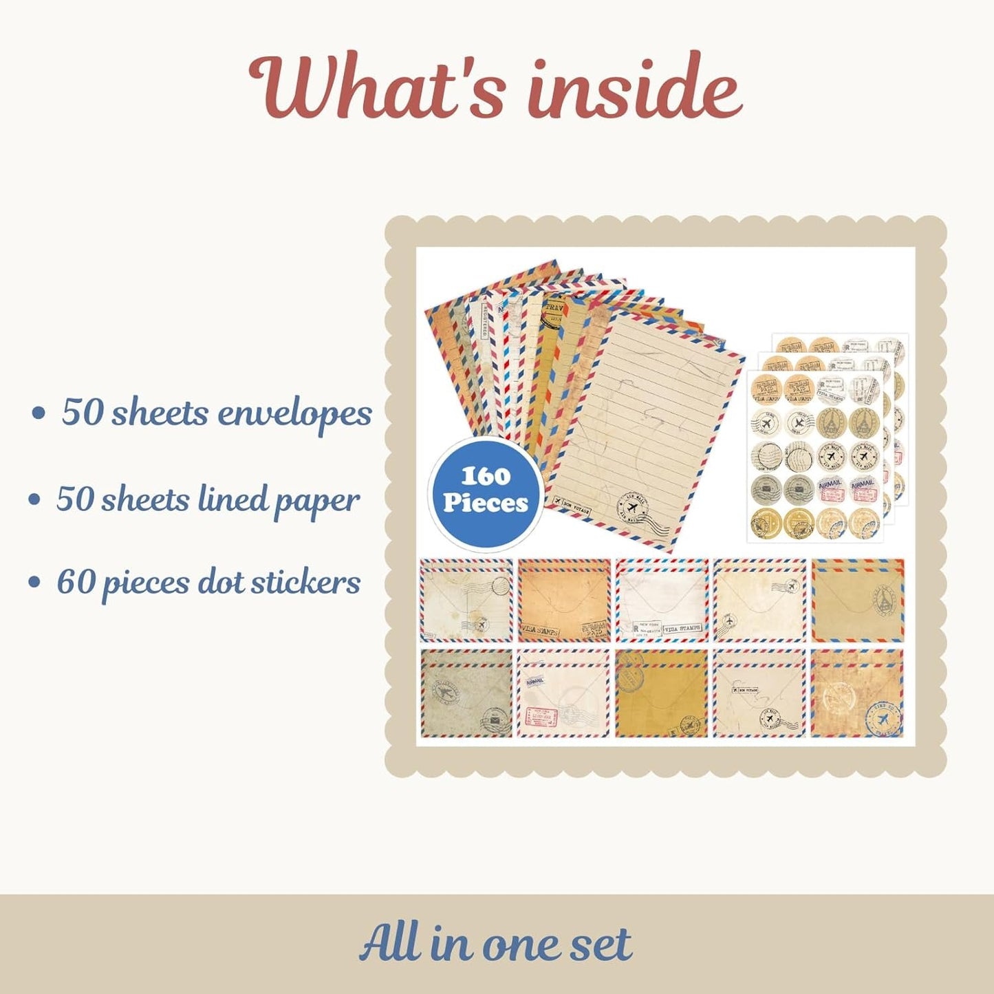 160 Pack Vintage Airmail Stationery Paper and Envelopes Set in 10 Different Designs, 50 One Sided Stationery Lined Writing Papers with 50 Matching Envelopes and 60 Dot Stickers for Writing Letters
