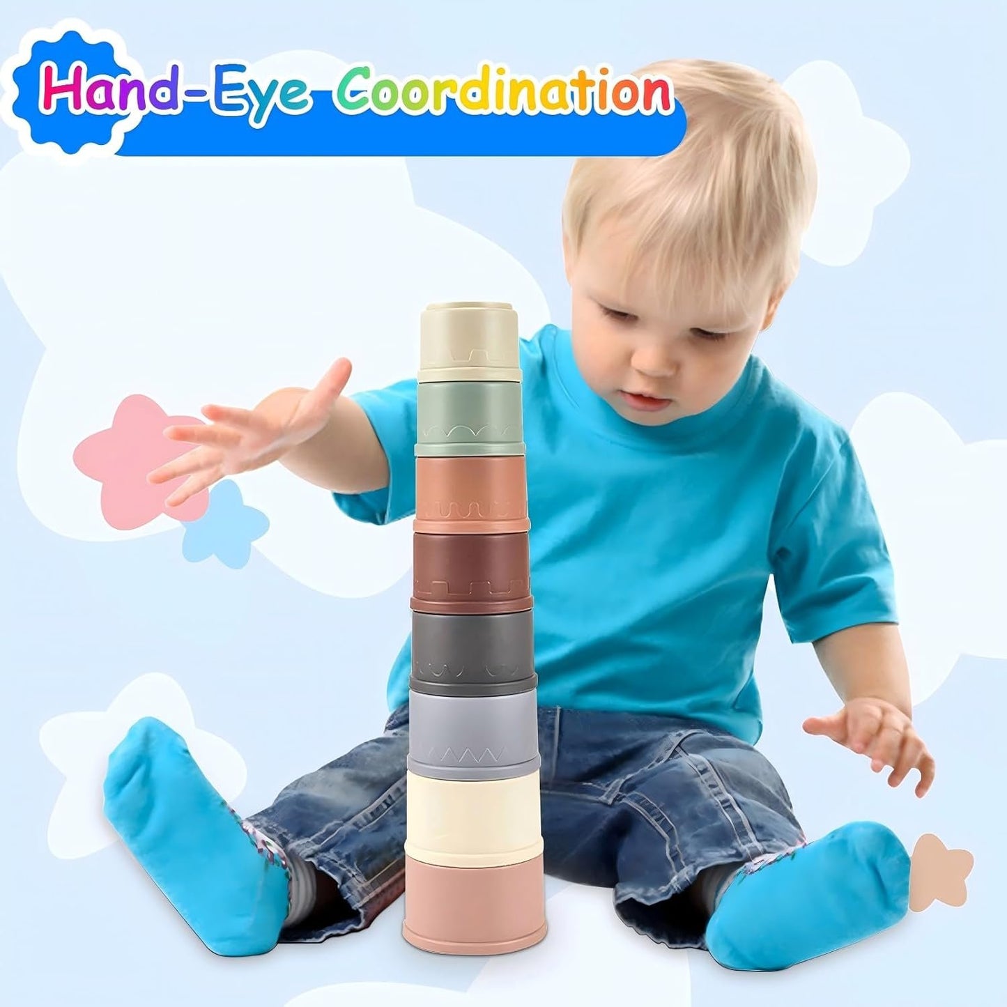 2 Set Stacking Cups, Toys for Toddlers 1-3 Year Old Stack and Count, Colorful Baby Stacking Water Set, Stackable Cups for Learning, Toddler Water Table Toy, Baby Bath Toy, Toddler Cup Toys (16 Count)