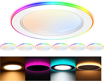 CLOUDY BAY [6 Pack] 6 Inch Smart LED Recessed Ceiling Light with RGB Back Light,15W 2700K-6500K,3W Color Changing Ultra-Thin Recessed Lighting,Baffle Trim Wafer Downlight, Hub Included