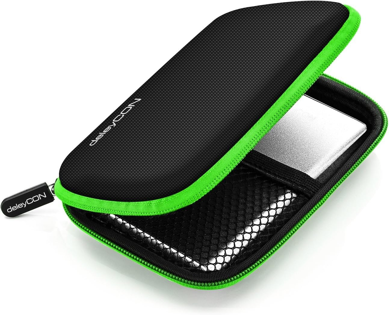 deleyCON Hard Drive Bag HDD Case for 2.5" Hard Drives and SSD - Robust and Shockproof - 2 Internal Compartments with Mesh Pockets - Green