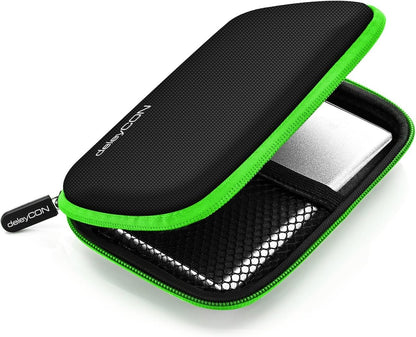 deleyCON Hard Drive Bag HDD Case for 2.5" Hard Drives and SSD - Robust and Shockproof - 2 Internal Compartments with Mesh Pockets - Green