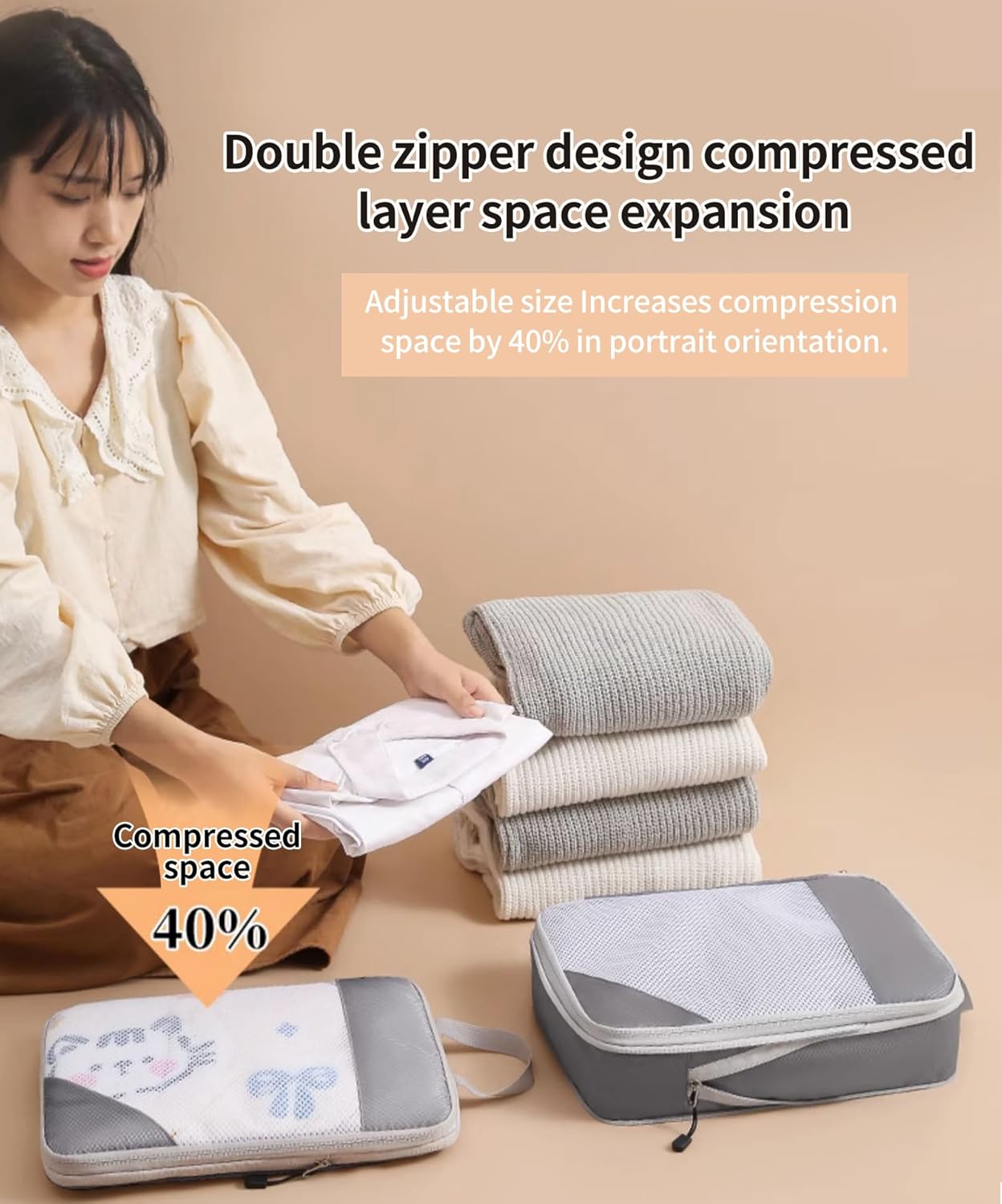 Space-Saving Suitcase Organizer 4 Pieces Set Waterproof Packing Cubes Compression, Suitcase Organizer, Travel Accessories, Travel Essentials, Travel Organizer for Clothes, Shoes, Underwear, Grey