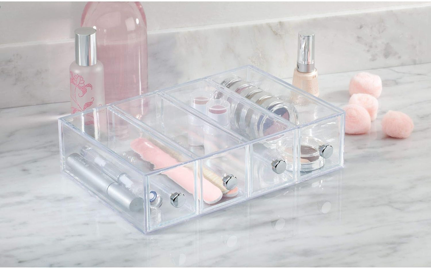 iDesign Makeup Organizer with 4 Drawers, Mini Drawer Makeup Organizer for Make Up, Cosmetics, Jewelry, Makeup Organizer with Plastic Swivel Drawers, Clear
