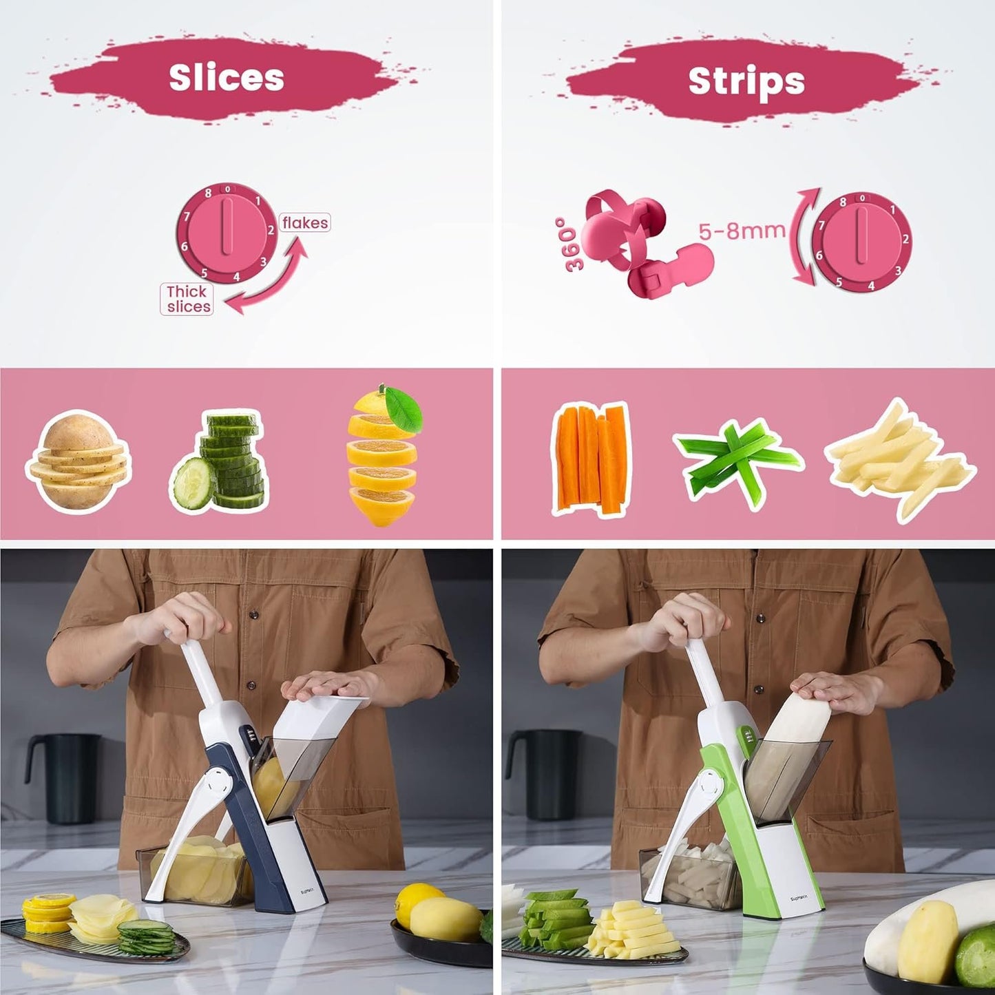 SupMaKin Safe Mandoline Slicer for Kitchen, Vegetable Food Potato Chip Slicer Maual Adjustable Thickness, Chopping Artifact Fast Veggie Salad Chopper Cook Meal Prep