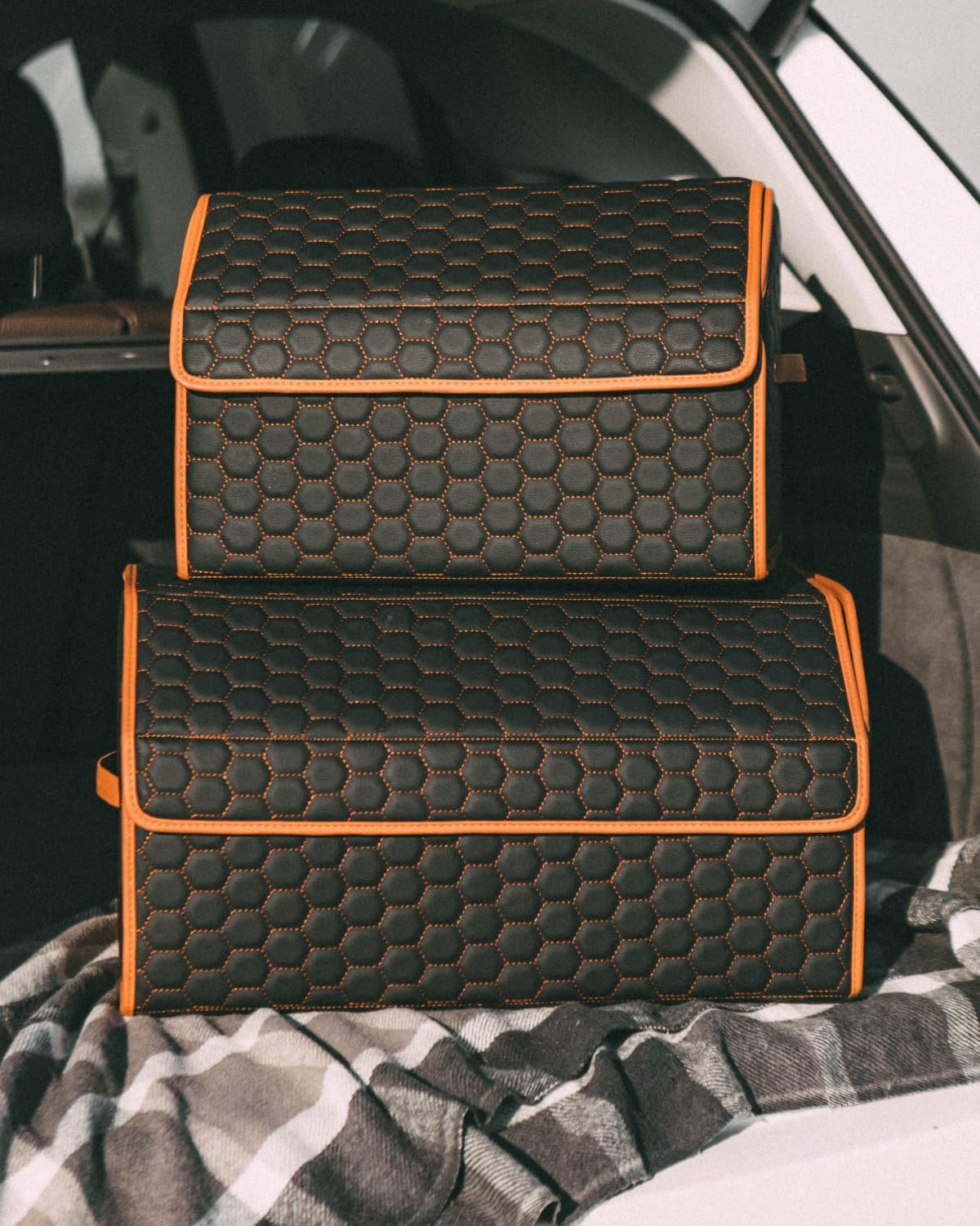 Owleys Foldable Trunk Organizer For Car - Trunk Organizers Car Storage - Collapsible Auto Trunk Organizer With Lid - Small Cargo Organizer - Trunk Organization (17.7 inch, Hexy)