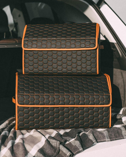 Owleys Foldable Trunk Organizer For Car - Trunk Organizers Car Storage - Collapsible Auto Trunk Organizer With Lid - Small Cargo Organizer - Trunk Organization (17.7 inch, Hexy)