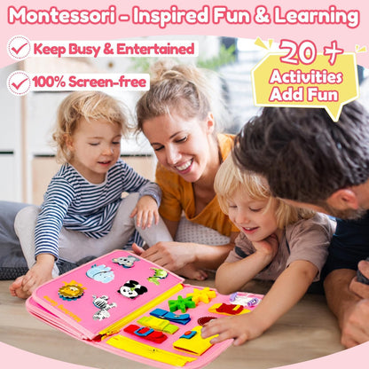 Qizfun Busy Board Book Montessori Toys for 1 2 3 4 Year Old, Girl Birthday Gifts, Educational Sensory Learning Toys for Toddlers 1-3, Car Airplane Travel Activities Toys for Kids Ages 2-4 Year Old