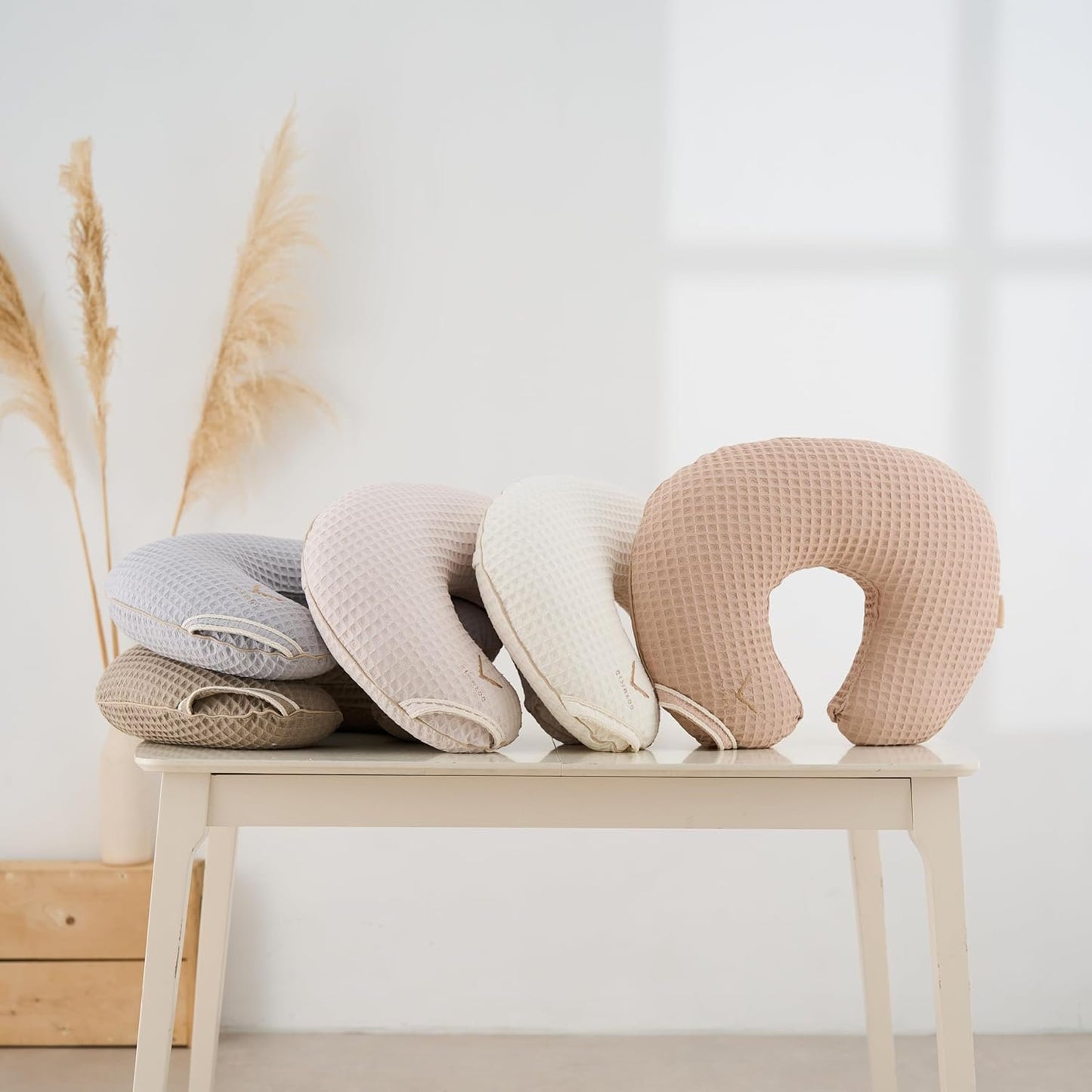 Organic Nursing Pillow with Cover • Premium Quality 100% Cotton Oeko-Tex Standard • Moon Pillow for Breastfeeding and Bottle Feeding • Soft and Breathable • (Ivory waffle)
