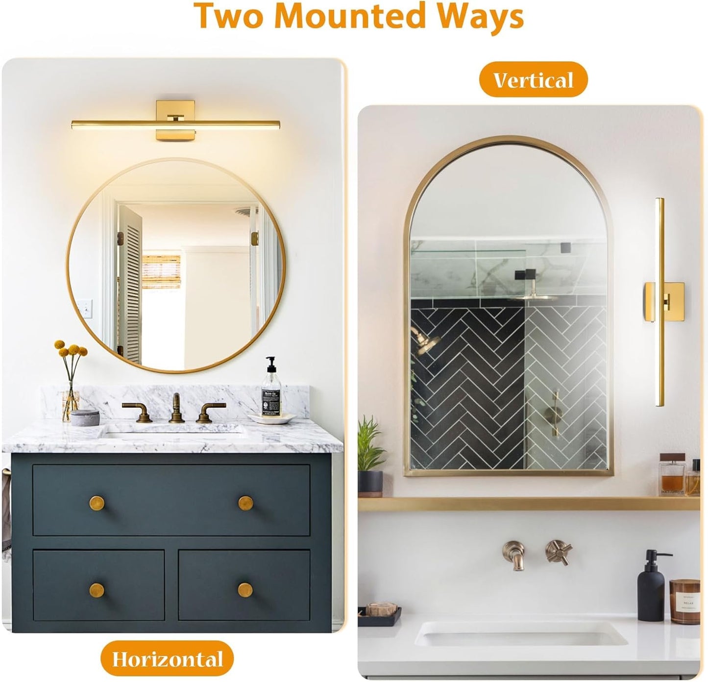 BrkNit 24 Inch LED Bathroom Vanity Light (3000K/4000K/6000K, Dimmable), Brass Modern Bathroom Light Fixture Over Mirror, Vanity Light Bar for Bathroom with Angle Adjustable